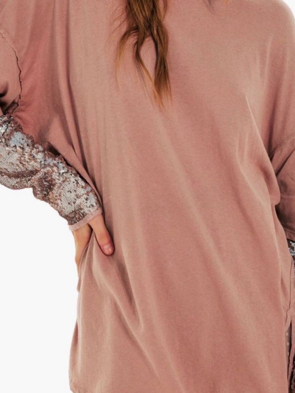 Free People We The Free Nellie Sequin Sleeve Twofer Pale Mauve T-Shirt Tunic XL